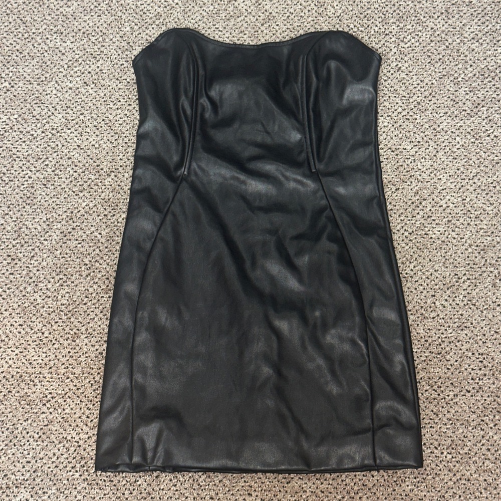 Forever 21 Black Faux Leather Strapless Mini Dress Bodycon Sweetheart Size S